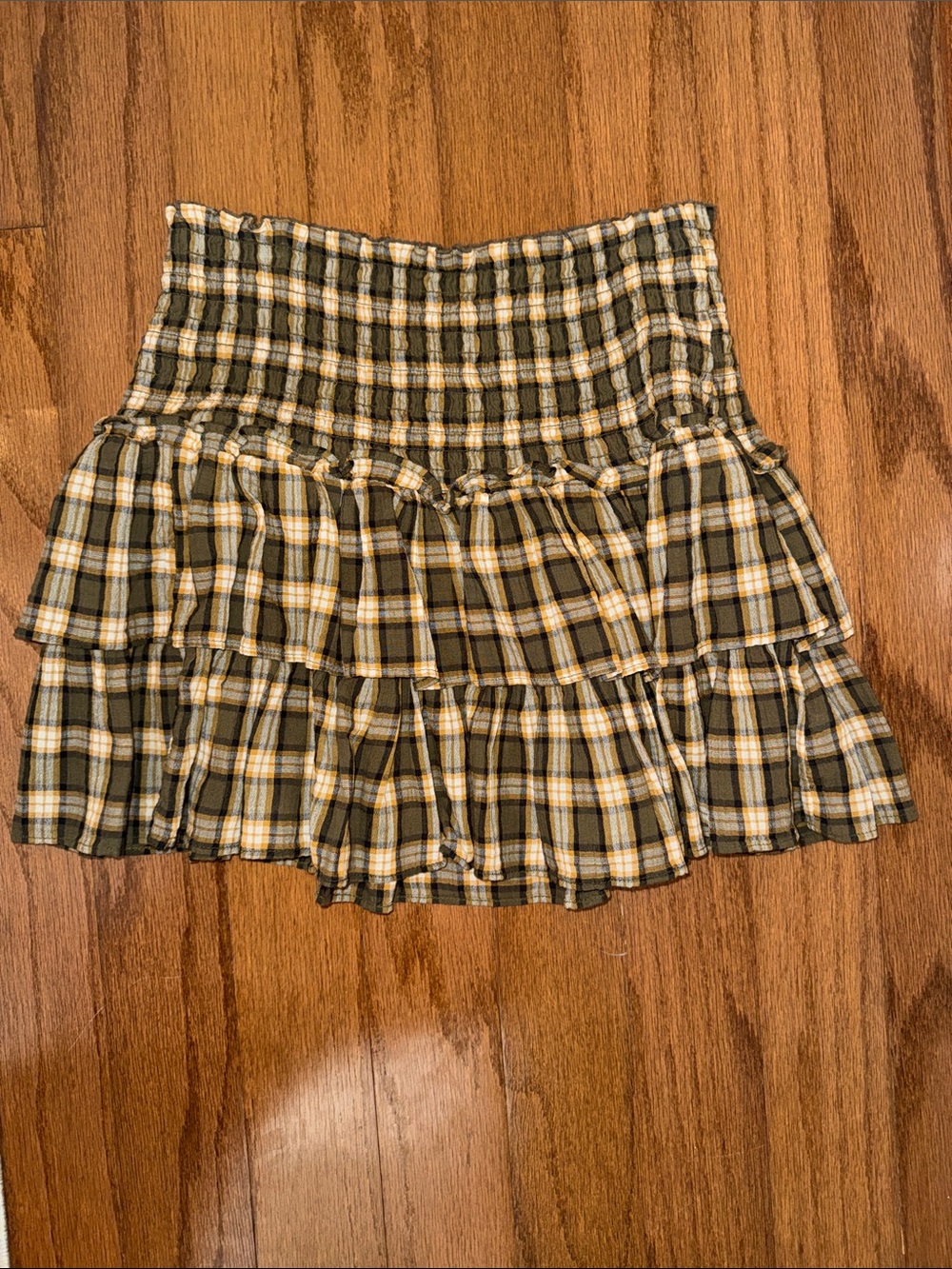 Smocked Plaid Tiered Ruffle Mini Skirt in Olive and Cream